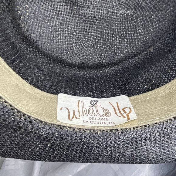 Vintage Black w Gold Cat Lady Stones Bling Boater Straw Hat sz M Dorfman Pacific main image 11